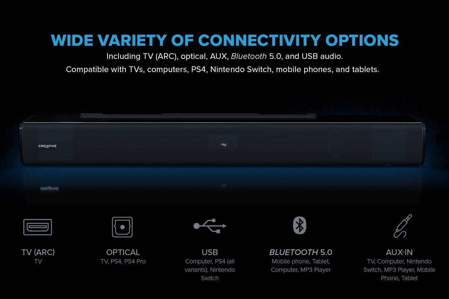 רמקולים CREATIVE STAGE V2 2.1 SOUNDBAR+SUBWOFER BT 5.0 160W ARC