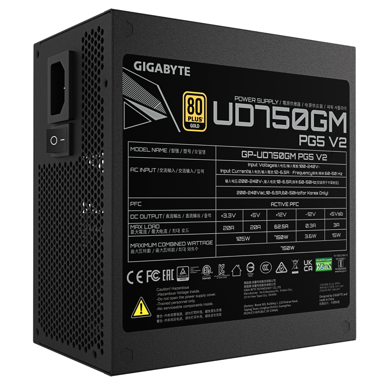 ספק Gigabyte UD750GM PG5 V2 750W 80 Plus Gold PCIE 5.1 ATX 3.1