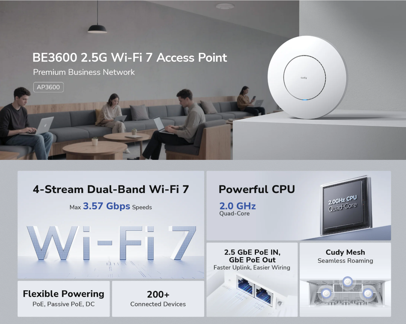 אקסס פוינט CUDY BE3600 2.5G WI-FI 7 POE 2.5GB Lan 3570Mbps MESH