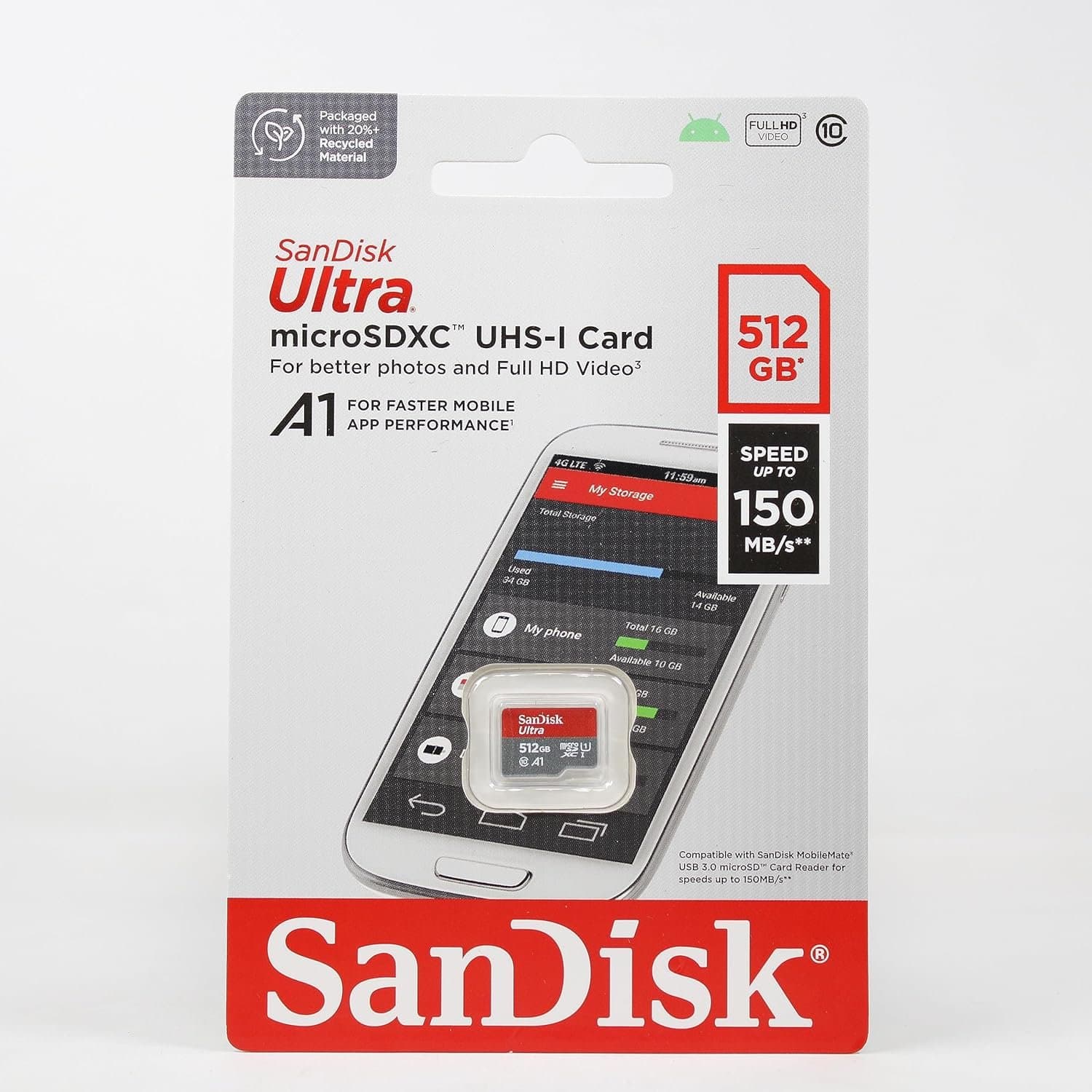 כרטיס זכרון SanDisk 512GB Ultra microSDXC UHS-I Up to 150MB/s C10